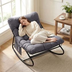 C488 $55  Arlopu Outdoor Papasan Rocking Chair, Oversized Padded Lounge Rocker with Cushion, Comfy Wicker Egg Lounge Chair, Large Indoor Rocking Recli