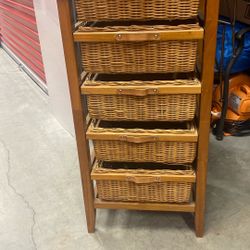 Wood Framed With 5 Wicker Drawers Dresser Chest Storage Organizer
