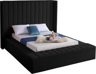 Meridian Furniture Kiki Collection Modern | Contemporary Velvet Upholsterd Bed with Channel Tufting, Siderails and Footboard Storage Compartments, Kin