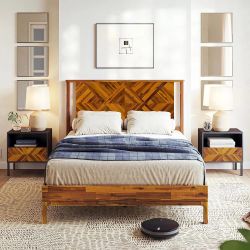 QueenWood Platform Bed Frame with Herringbone Headboard