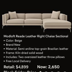 Modloft Reade Leather Right Chaise Sectional – Beige  