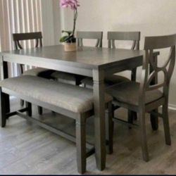 ✅️✅️(6 pc  Grey finish wood dining table set grey padded seat chairs and bench✅️✅️✅️