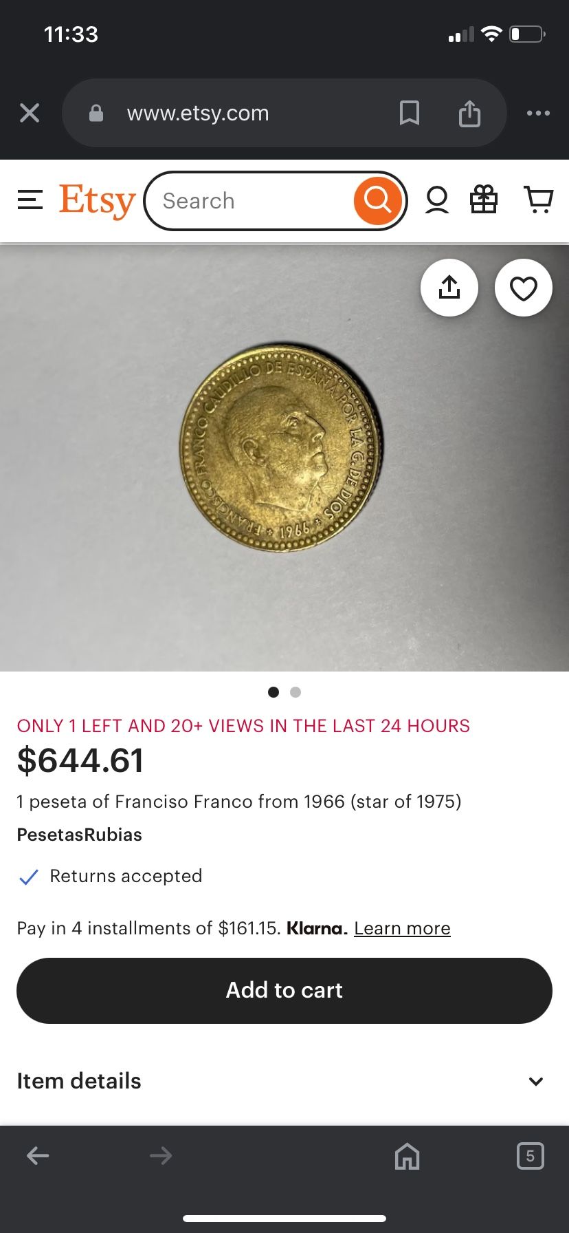$750.00 Spanish Coin of Francisco Franco. 1 Una Peseta 1966 (*74).Well Preserved