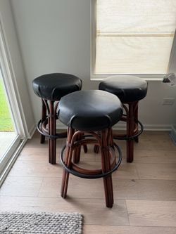 Set of 3 Vintage Solid Wood + Genuine Leather Bar Stools