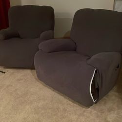 2 Recliners Grey Covers Brown Clean 
