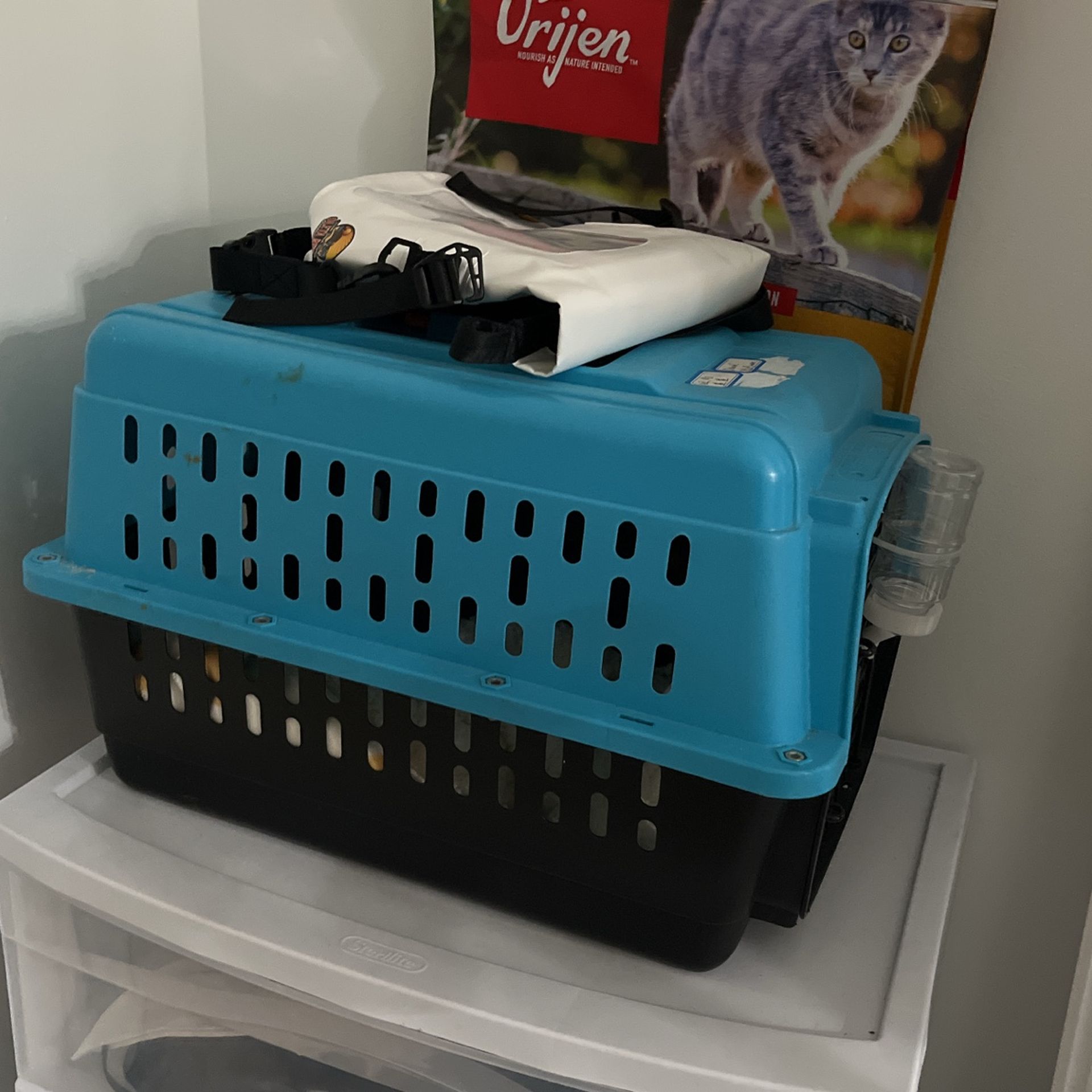 Pet travel carrier with built-in water dispenser and snack bowl