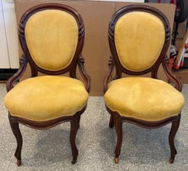 Pair of Antique Victorian-Style Balloon Back Parlor Chairs — Carved Wood, Cabriole Legs