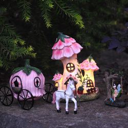 LA JOLIE MUSE Resin Fairy Garden - Miniature Floral Roof Cottage with Solar LED Lights, Fairy House Figurine Set of 3 with Carriage, Outdoor Decor for