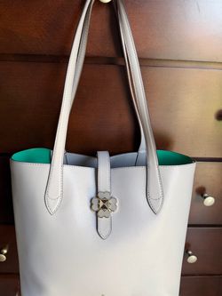 Kate Spade Gray Leather Tote Bag with Floral Clasp