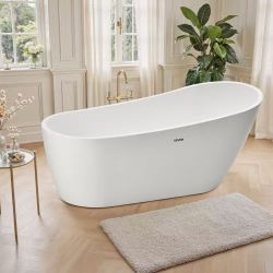 140】 Acrylic Freestanding Bathtub, 67 Inch Contemporary Soaking White Tub with Brushed Nickel Overflow and Drain, Elegant Oval Shape Stand Alone Soake