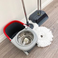 (New in box) $35 (Combo Set) Broom Dustpan & Spin Mop Wheels Extended Handle with 2pc Microfiber Mop Heads