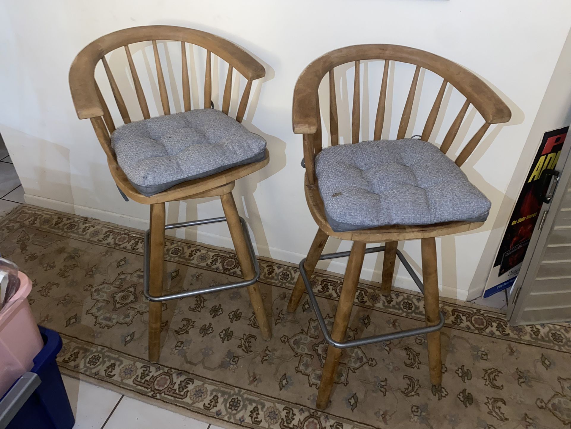 Two Swivel Bar Stools With Cushions
