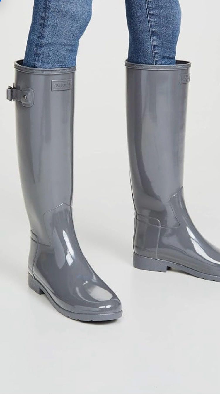 Hunters Boots Women's Refined Tall Gloss Boots, Stratus, Grey, 9 Medium US