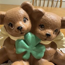 Hobbyist Painted Irish Shamrock Cuddle Bears Bisque Ceramic 