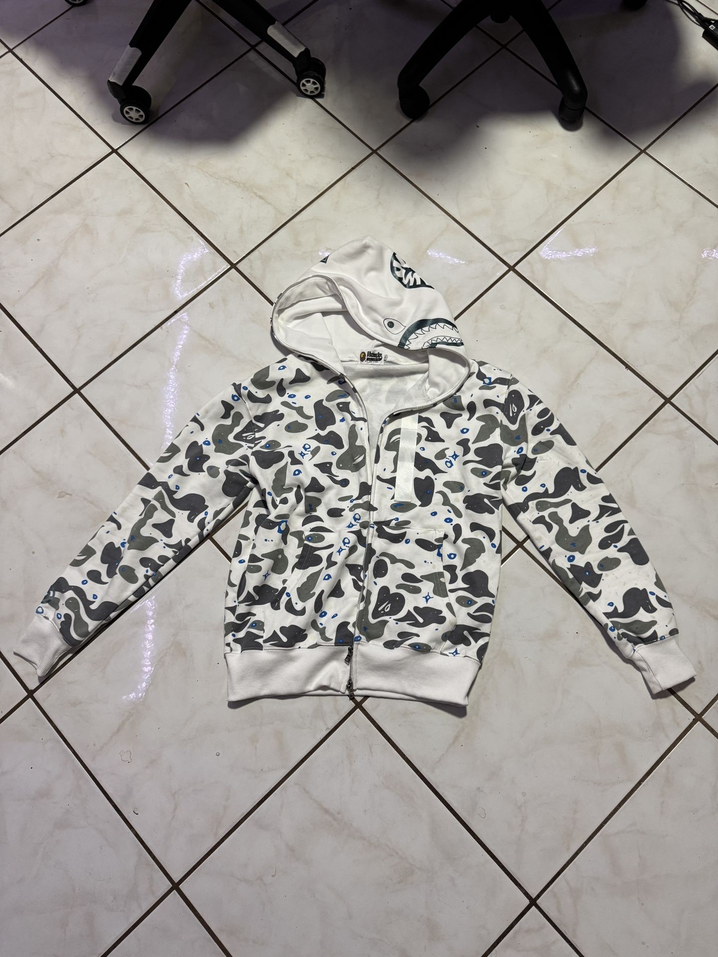 White camo bape shark zip up