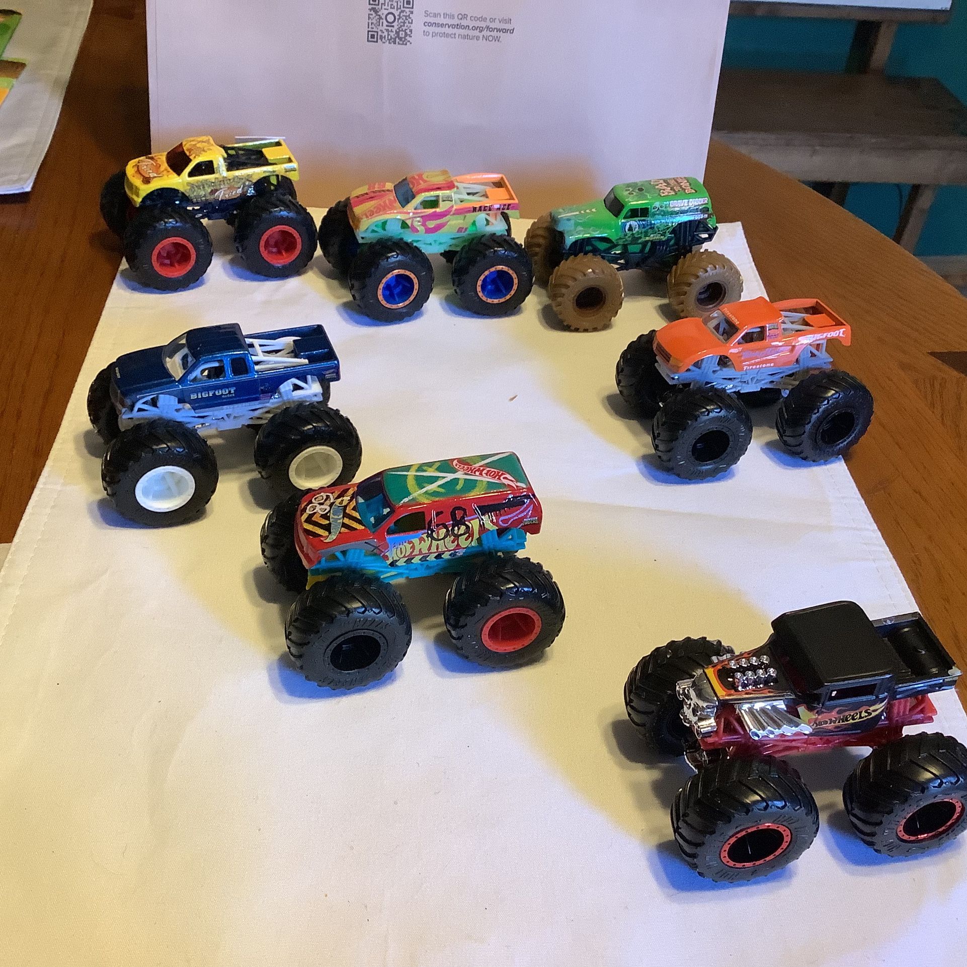 Hot Wheels RACE Monster toy trucks 7 total 1:64 scale Including Grave Digger, Bigfoot #68, Bigfoot 4x4, Bone Shaker, Trick Flow Firestone, Race Ace, A