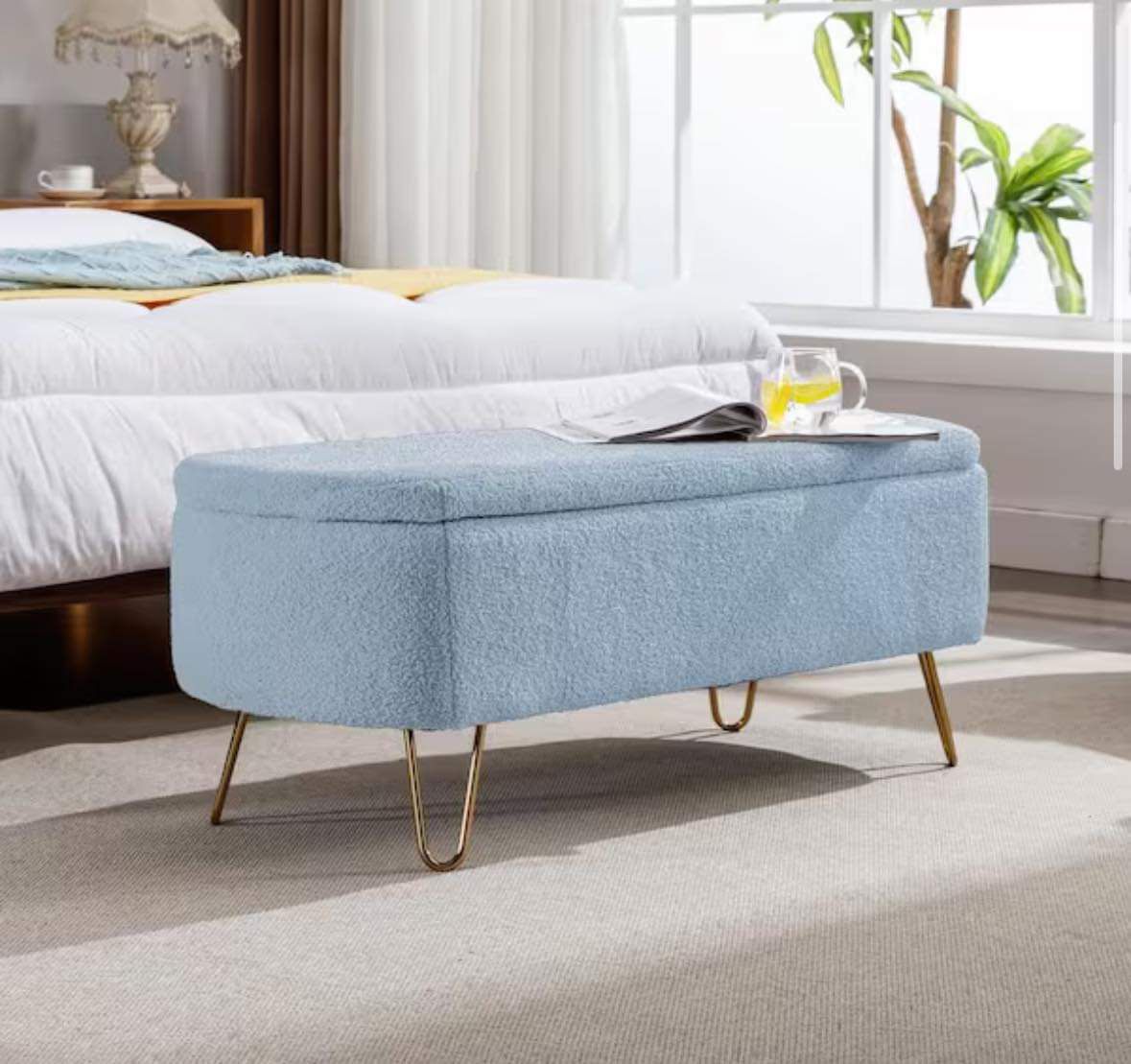 Polyester Upholstered Storage Ottoman Bedroom Bench with Gold Legs Faux Fur Entryway Bench, D-13