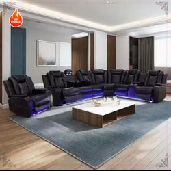 Power Recliner Sofa Sectional Sofa with LED Light for Living Room, Air Leather Reclining Corner Sectional Sofa Set