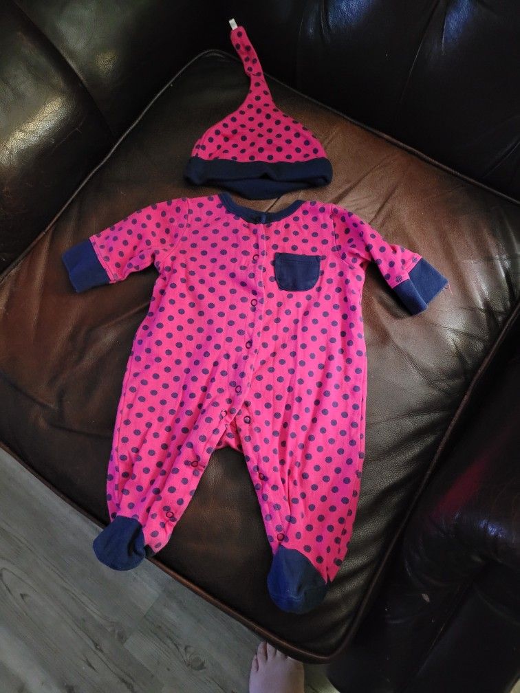 Offspring Pink Polka Dot One Piece + Hat Sz 3 M