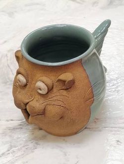 Catfish Funny Ugly Cat Face Stoneware Mug Half Glazed Fish Tail Planter Teal