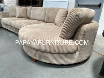 New 125” Deep Seating Comfortable Couch, Sectional, Large Sectional, Corduroy Sectional, Camel Beige Sectional, Brown Sectional With Round Chaise, Sof