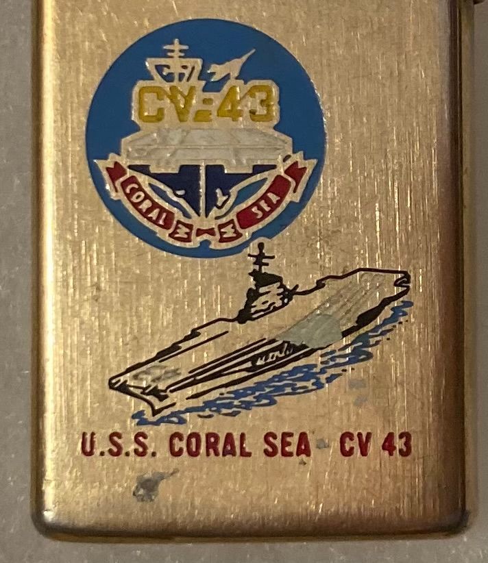 Vintage Metal Zippo, U.S.S. Coral Sea, CV-43, Aircraft Carrier Ship, Navy, Command Lighter, Officers Brass Lighter, Nice Back Side, Zippo, Made in USA