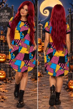 Disney Nightmare Before Christmas Sally Patchwork Dress L w/ Red Wig Pockets