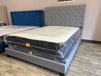 🤩 Brand New Grey Tufted Wingback Bed Frame | King & Queen Sizes - Mattress + Box spring | Nailhead Trim | Pay After Delivery 🚚