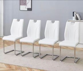 New assembled Modern Dining Chairs Set of 4, White Dining Room Chairs Set of 4 with Handle, Upholstered PU Leather Kitchen Chairs Set with C-Shaped Si