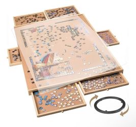 Funbelievable 1500 Piece Rotating Wooden Puzzle Board (Fits Puzzles Up to 35" x 26") with 6 Storage Drawers & Protective Cover – Jigsaw Puzzle Table f
