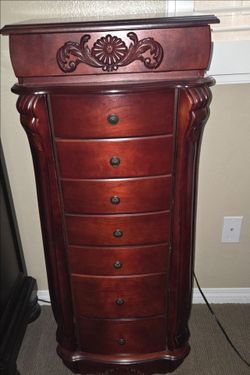 Cherry Wood Jewelry Armoire with Carved Detail