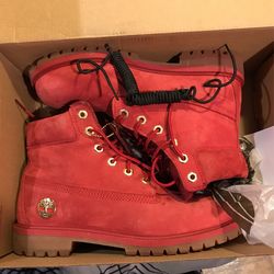Red waterproof Timbs 