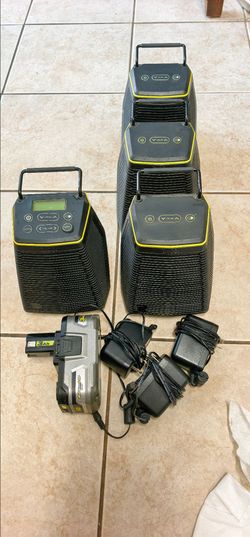 Ryobi 4‑piece speaker set, comes with 1 battery and 3 charging cables