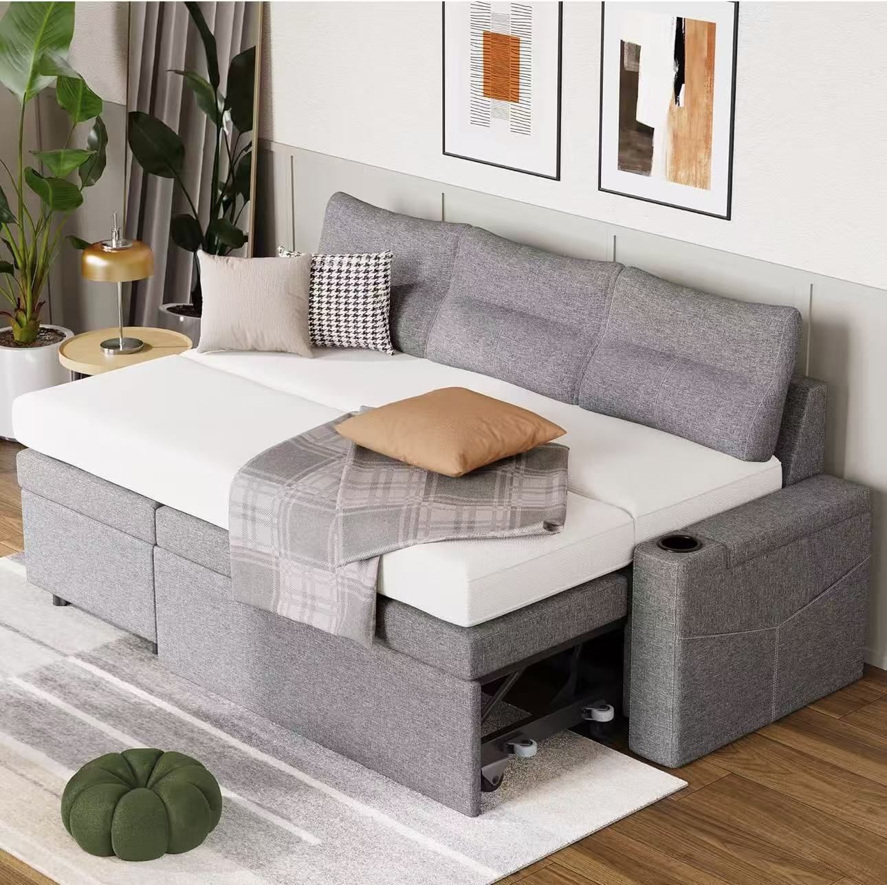 Pamapic 81" Sleeper Sofa with Armrest Storage,L-Shaped Couch with Supportive Ergonomic Cushions,Cup Holders,Side Pockets,Pull Out Sleeper Sofa Bed wit