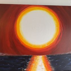 Oil painting of a sunset over water