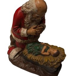 1976 Vintage RO Gauer Kneeling Santa Praying Over Baby Jesus Signed R Vargas