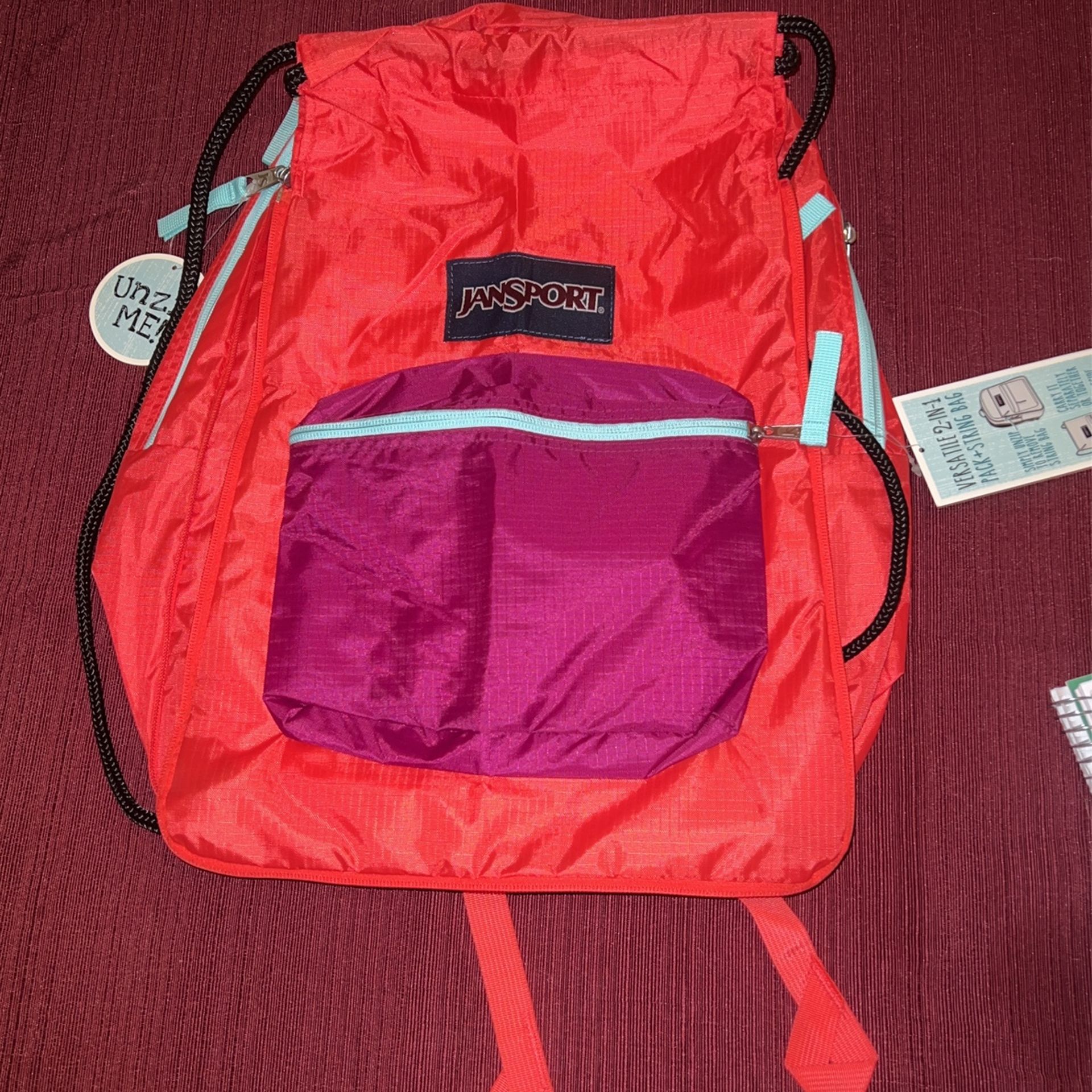 NWT 2 In 1 Backpack And String Bag JANSPORT  FUSER Coral/Berry