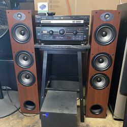 PANASONIC STREAMING STEREO MUSIC SYSTEM WITH BLUETOOTH/PANASONIC CD 💿 PLR/PR POLK 4 WAY FLOOR SPEAKERS 🔊 IN MAHOGANY/JAMO 8 INCH SUBWOOFER 🔊!!!