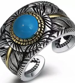 Real 925 Sterling Silver Inlaid Turquoise Feather Opening Ring
