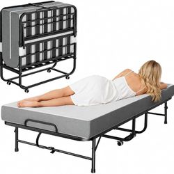 Folding Bed with Mattress for Adults,75" x 38" Portable Rollaway Bed Guest on Wheels with Memory Mattress and Heavy Duty Sturdy Metal Fram