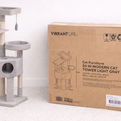 Modern 50” Cat Tower / Cat Tree – Light Gray, 19x19” Base, 5’ Tall