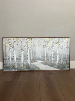 BRAND NEW 48x24 Wood Framed Textured Birch Trees w/ Gold Leaves Canvas Artwork