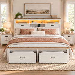 King Bed Frame, Storage Headboard, 4 Drawers, LED Lights