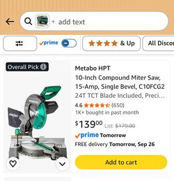 Metabo HPT 10-Inch Compound Miter Saw, 15-Amp, Single Bevel, C10FCG2 24T TCT Blade Included, Precision Angle Cuts, Positive Stops, Large Work Table, L