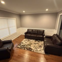 Raymour & Flanigan Brown Leather Sofa, Loveseat & Chair