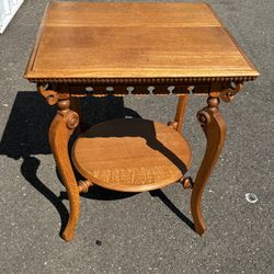 Antique Vintage Blonde Oak Carved Square Parlor Side Table