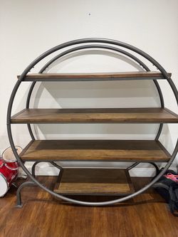 World Market Round Burnt Adler and Metal Bookshelf