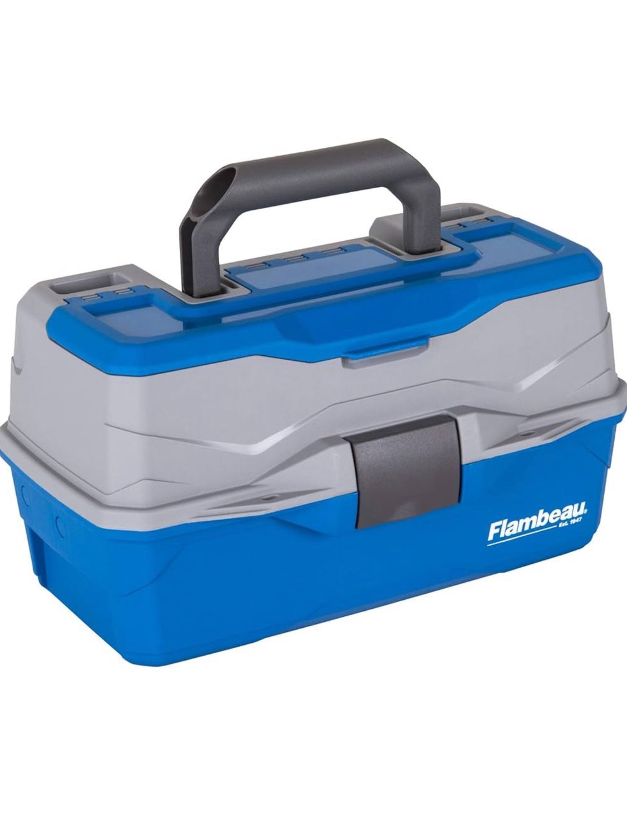 Flambeau Outdoors 6382TB 2-Tray Tackle Box - Classic Fishing Lure Storage Organizer, Medium Portable Tackle Box, 15 Tray Compartments, Blue/Gray