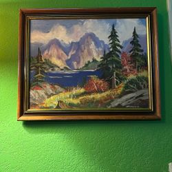 vintage untitled fall/lake/mountains oil painting (signed Mortensen 84) framed ready-to-hang
