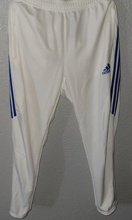 Adidas Mens Track Pants Size XL Football White Blue Stripe Tapered Fit Zip Legs